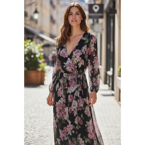 4634)Alexa B Nites Semi Sheer Black Pink Floral Wrap Prairie Maxi Dress Plus 20W